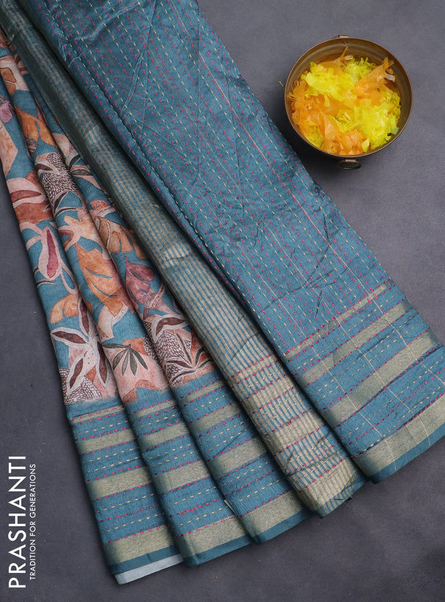 Semi tussar saree teal blue with allover prints and kantha stitch work border