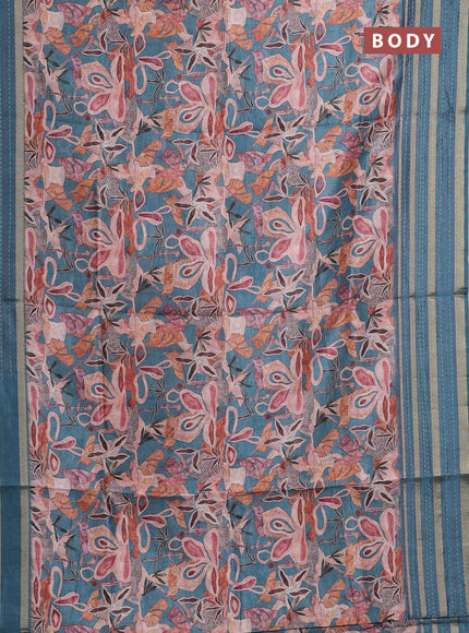 Semi tussar saree teal blue with allover prints and kantha stitch work border