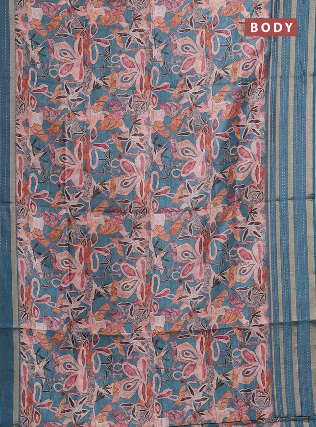 Semi tussar saree teal blue with allover prints and kantha stitch work border