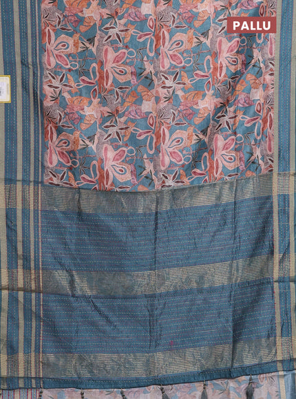 Semi tussar saree teal blue with allover prints and kantha stitch work border