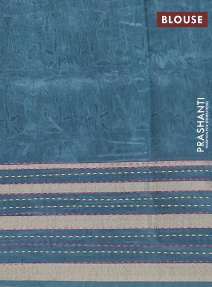 Semi tussar saree teal blue with allover prints and kantha stitch work border