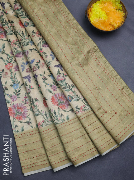 Semi tussar saree sandal and elaichi green with allover floral prints and kantha stitch work border