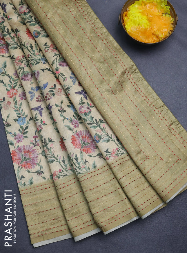 Semi tussar saree sandal and elaichi green with allover floral prints and kantha stitch work border