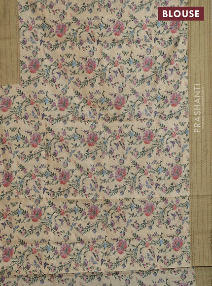 Semi tussar saree sandal and elaichi green with allover floral prints and kantha stitch work border