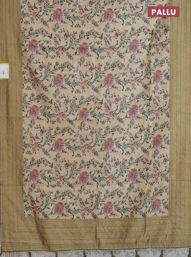 Semi tussar saree sandal and elaichi green with allover floral prints and kantha stitch work border