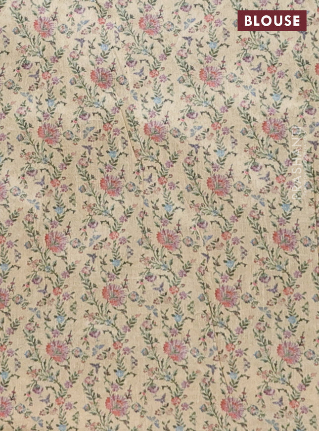 Semi tussar saree sandal and elaichi green with allover floral prints and kantha stitch work border