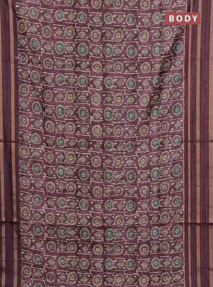 Semi tussar saree beige and mauve pink with allover ikat prints and kantha stitch work border