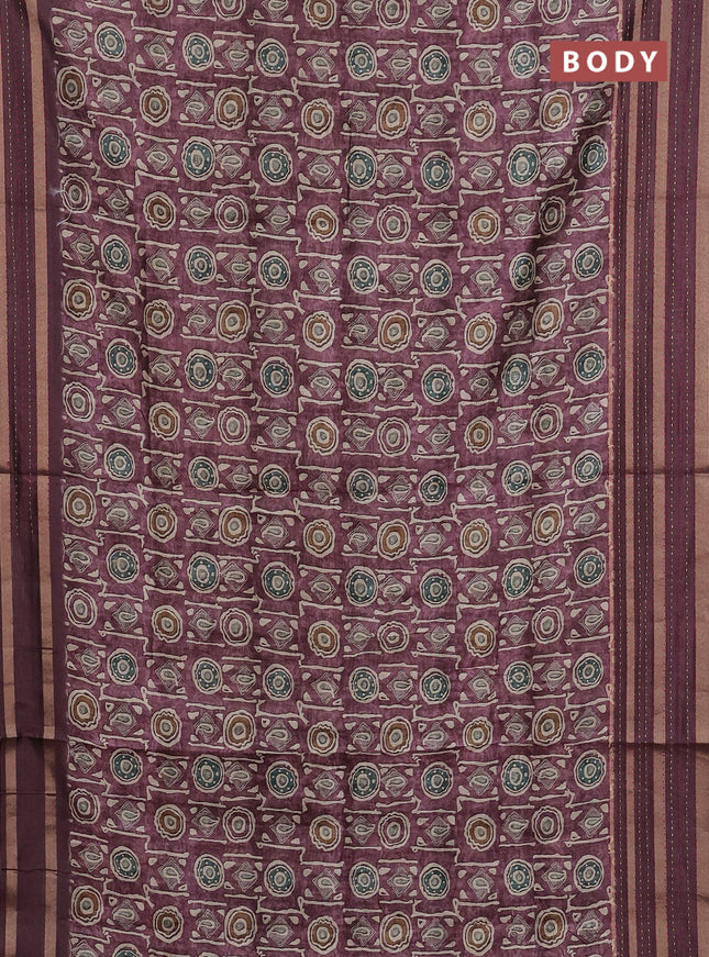 Semi tussar saree beige and mauve pink with allover ikat prints and kantha stitch work border