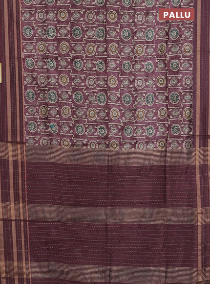 Semi tussar saree beige and mauve pink with allover ikat prints and kantha stitch work border