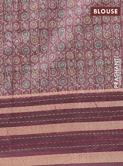 Semi tussar saree beige and mauve pink with allover ikat prints and kantha stitch work border