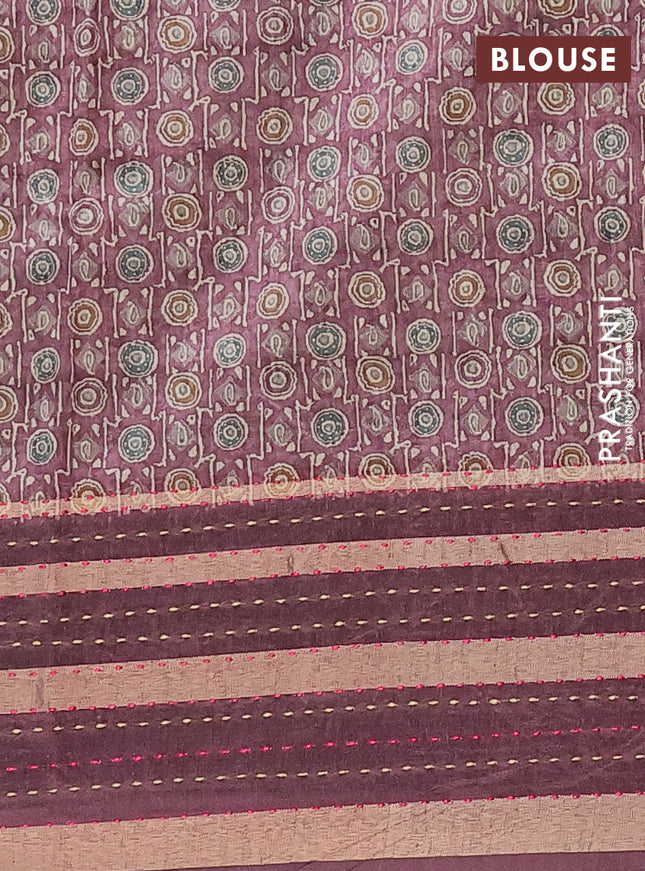 Semi tussar saree beige and mauve pink with allover ikat prints and kantha stitch work border