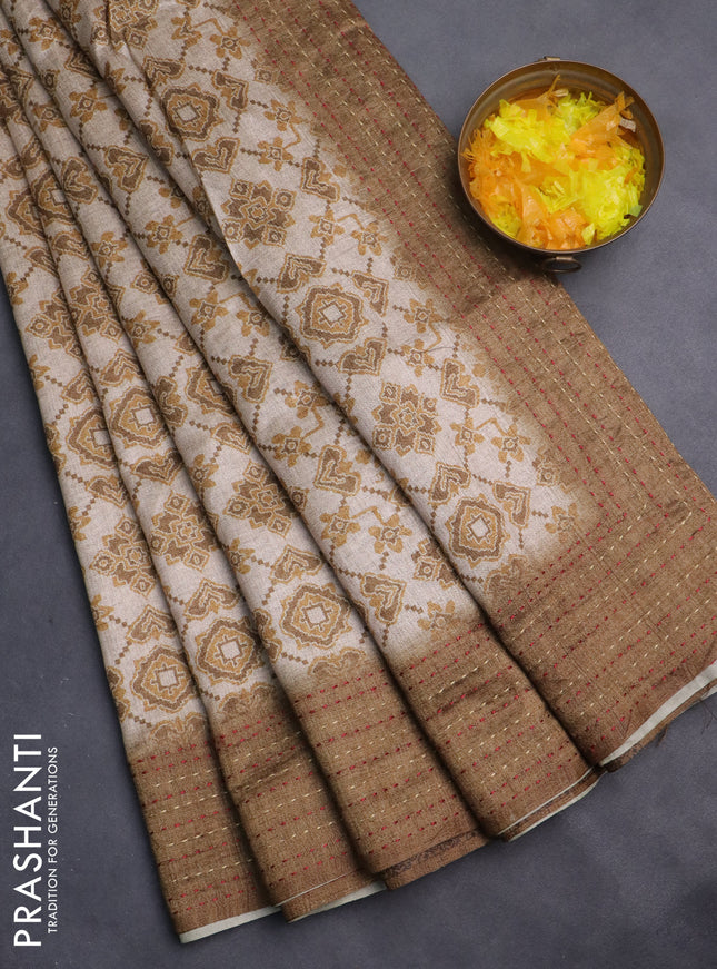 Semi tussar saree beige and dark sandal with allover ikat prints and kantha stitch work border