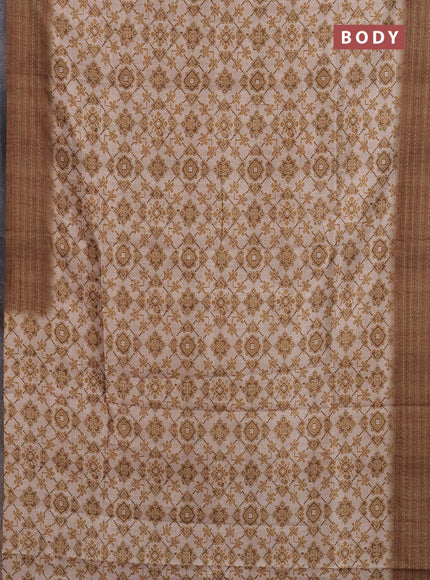 Semi tussar saree beige and dark sandal with allover ikat prints and kantha stitch work border