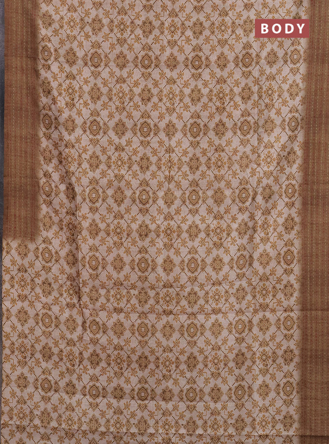 Semi tussar saree beige and dark sandal with allover ikat prints and kantha stitch work border