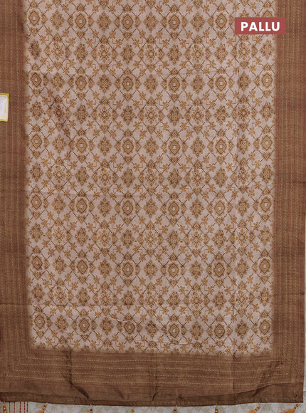 Semi tussar saree beige and dark sandal with allover ikat prints and kantha stitch work border