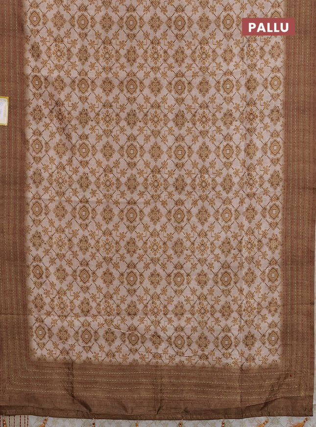 Semi tussar saree beige and dark sandal with allover ikat prints and kantha stitch work border