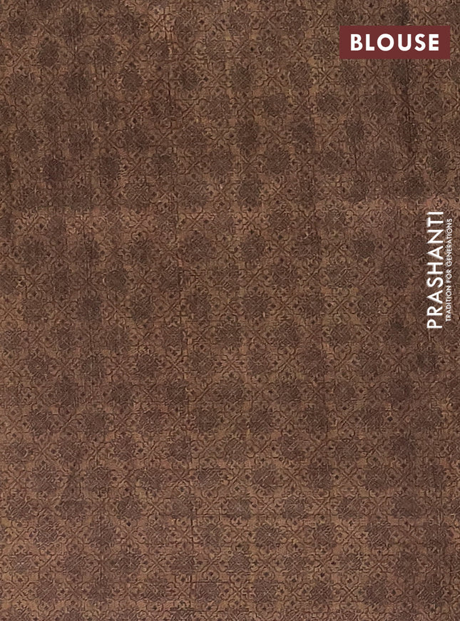 Semi tussar saree beige and dark sandal with allover ikat prints and kantha stitch work border