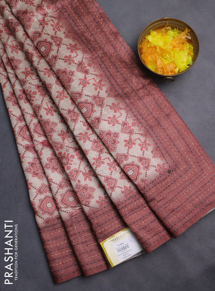 Semi tussar saree beige and rust shade with allover ikat prints and kantha stitch work border