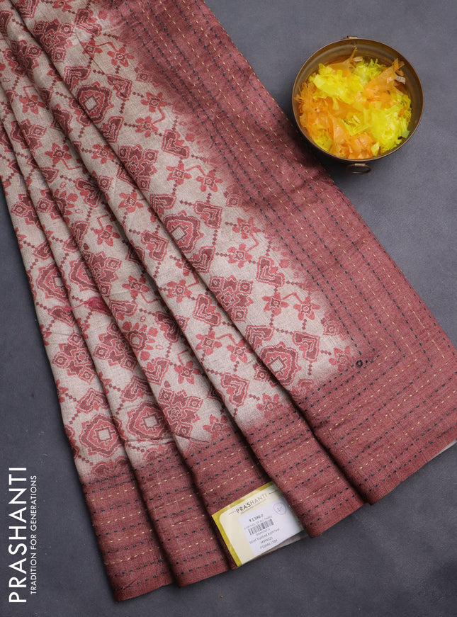 Semi tussar saree beige and rust shade with allover ikat prints and kantha stitch work border