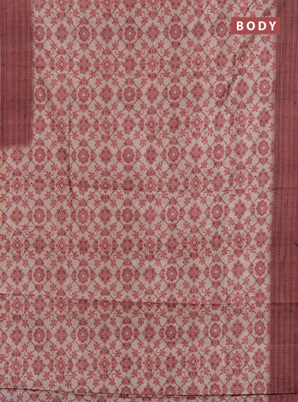 Semi tussar saree beige and rust shade with allover ikat prints and kantha stitch work border