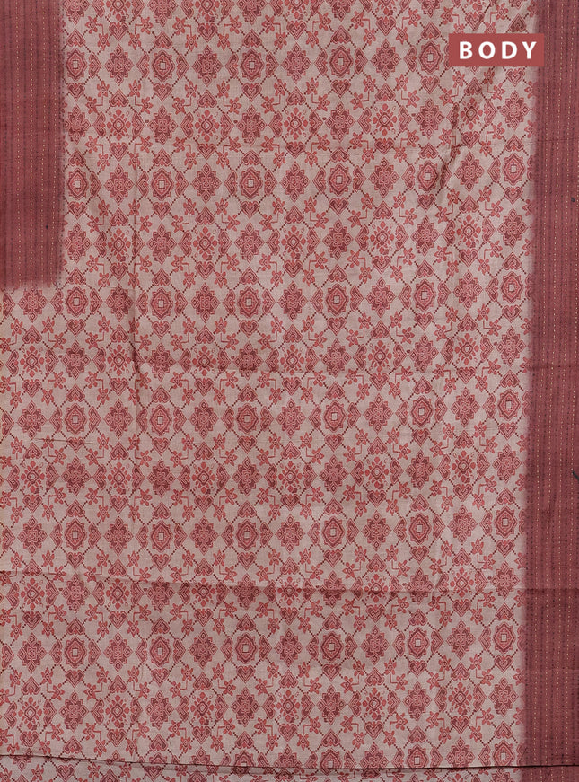 Semi tussar saree beige and rust shade with allover ikat prints and kantha stitch work border