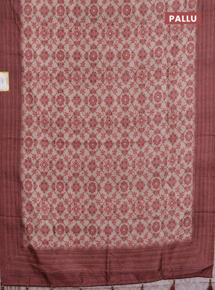 Semi tussar saree beige and rust shade with allover ikat prints and kantha stitch work border