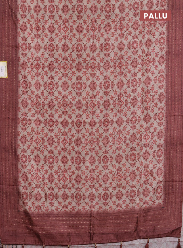 Semi tussar saree beige and rust shade with allover ikat prints and kantha stitch work border