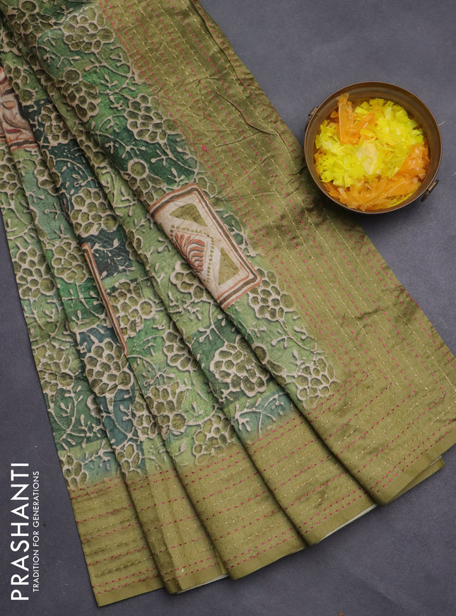 Semi tussar saree green shade and mehendi green with allover prints and kantha stitch work border