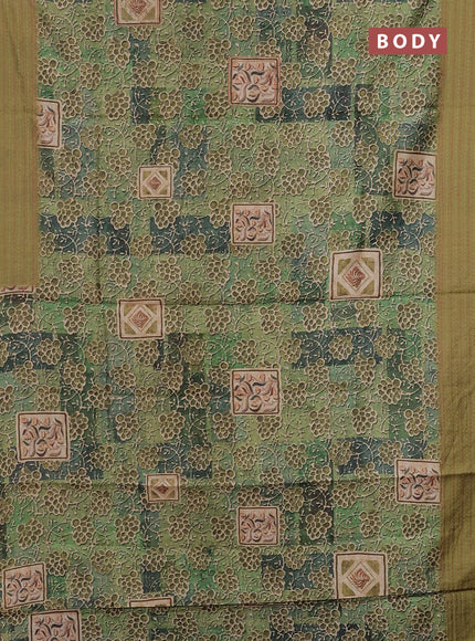 Semi tussar saree green shade and mehendi green with allover prints and kantha stitch work border