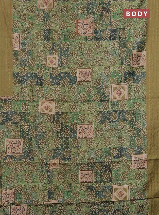 Semi tussar saree green shade and mehendi green with allover prints and kantha stitch work border