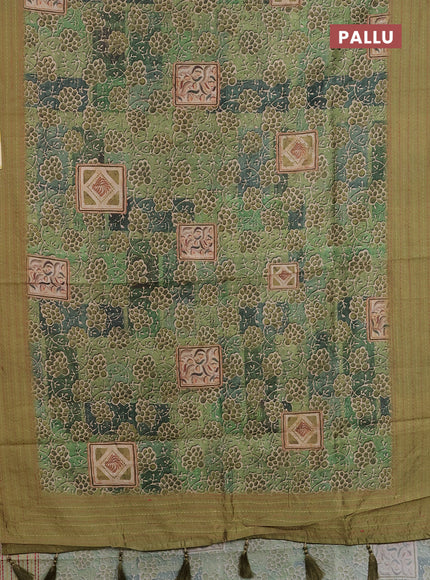 Semi tussar saree green shade and mehendi green with allover prints and kantha stitch work border