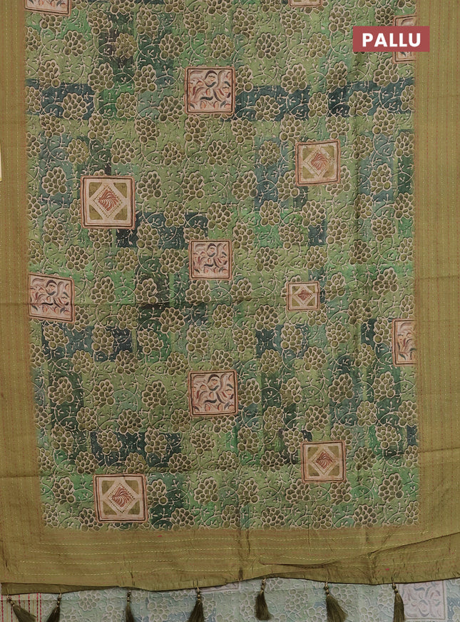 Semi tussar saree green shade and mehendi green with allover prints and kantha stitch work border