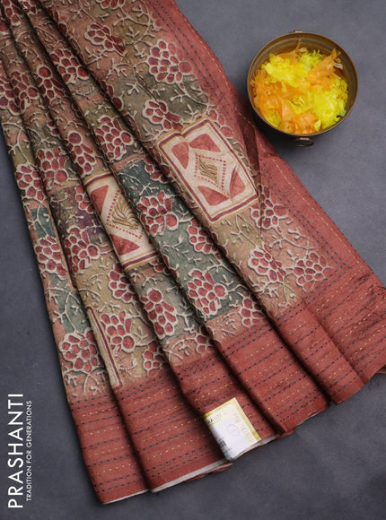 Semi tussar saree multi colour and rust shade with allover prints and kantha stitch work border