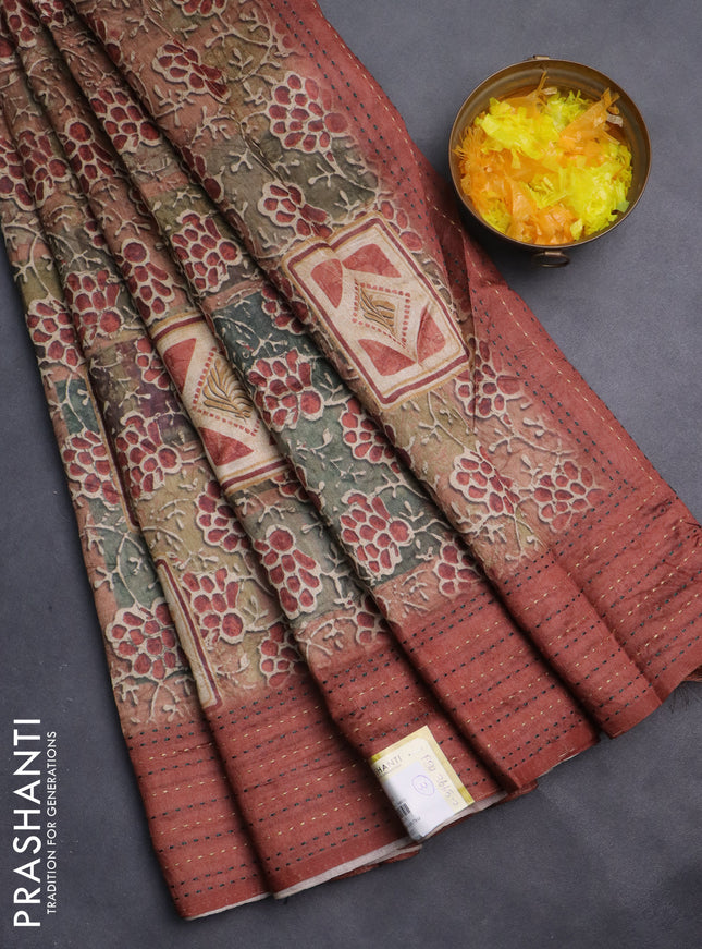 Semi tussar saree multi colour and rust shade with allover prints and kantha stitch work border