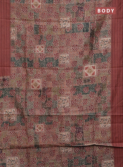 Semi tussar saree multi colour and rust shade with allover prints and kantha stitch work border