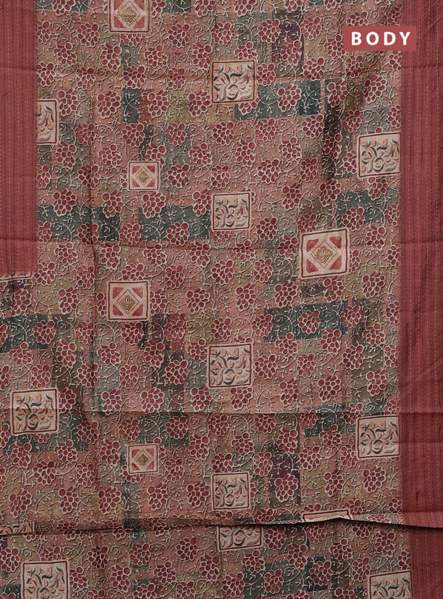 Semi tussar saree multi colour and rust shade with allover prints and kantha stitch work border