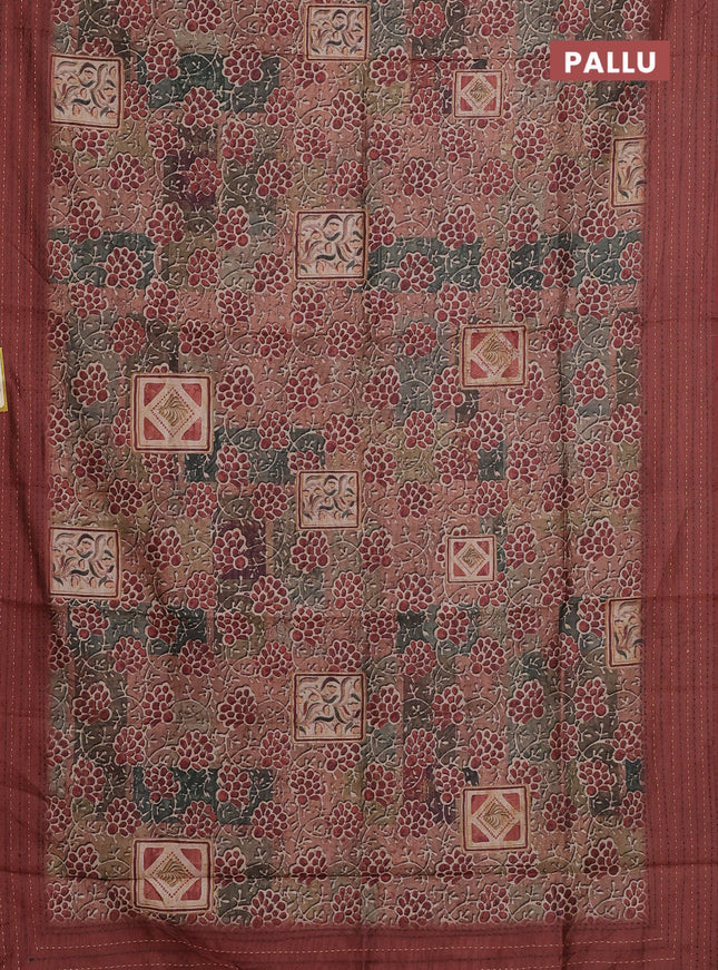 Semi tussar saree multi colour and rust shade with allover prints and kantha stitch work border