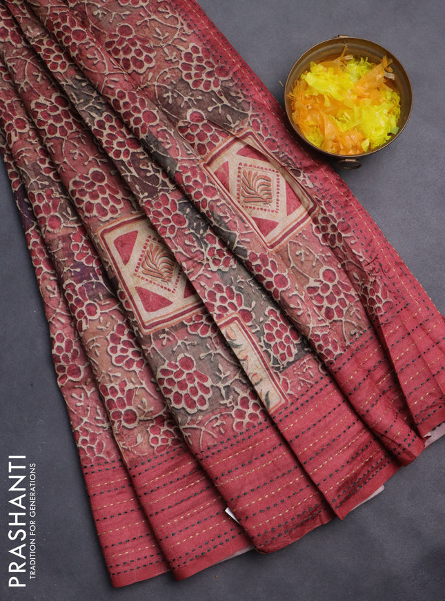 Semi tussar saree maroon shade with allover prints and kantha stitch work border