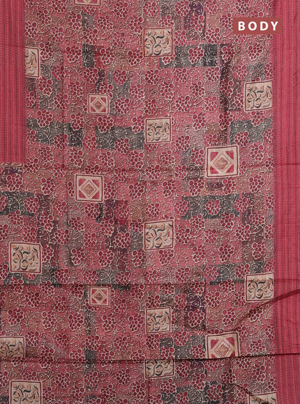 Semi tussar saree maroon shade with allover prints and kantha stitch work border