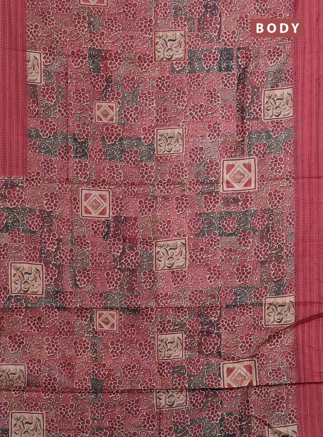 Semi tussar saree maroon shade with allover prints and kantha stitch work border