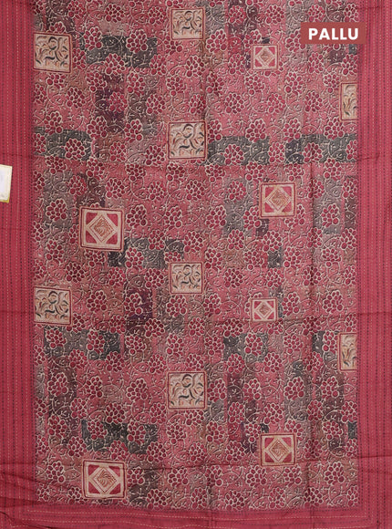 Semi tussar saree maroon shade with allover prints and kantha stitch work border