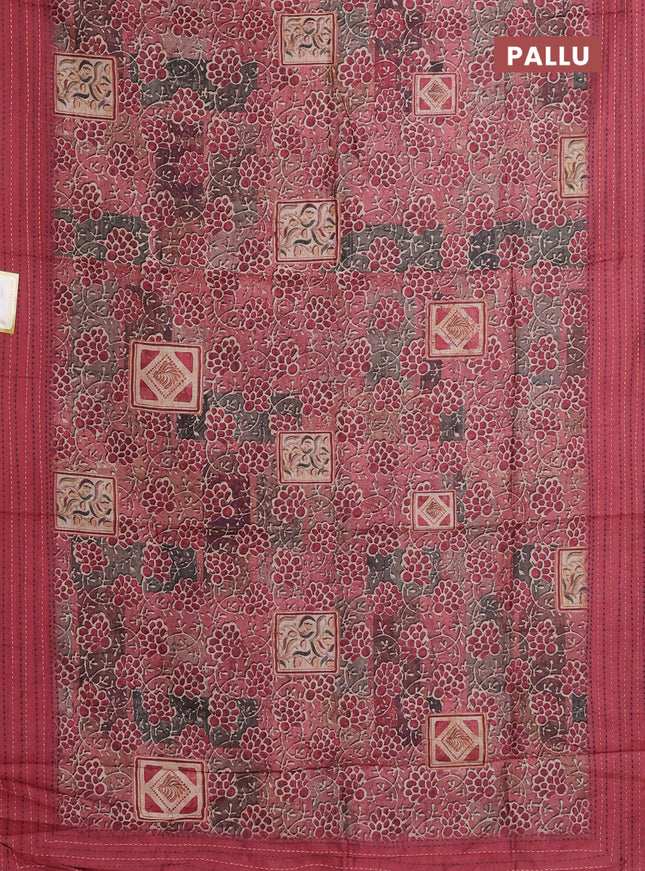 Semi tussar saree maroon shade with allover prints and kantha stitch work border