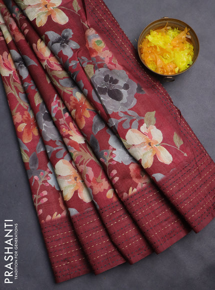 Semi tussar saree maroon with floral prints and kantha stitch work border