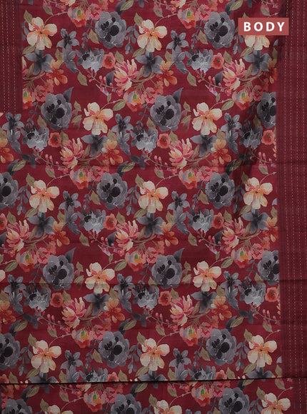 Semi tussar saree maroon with floral prints and kantha stitch work border