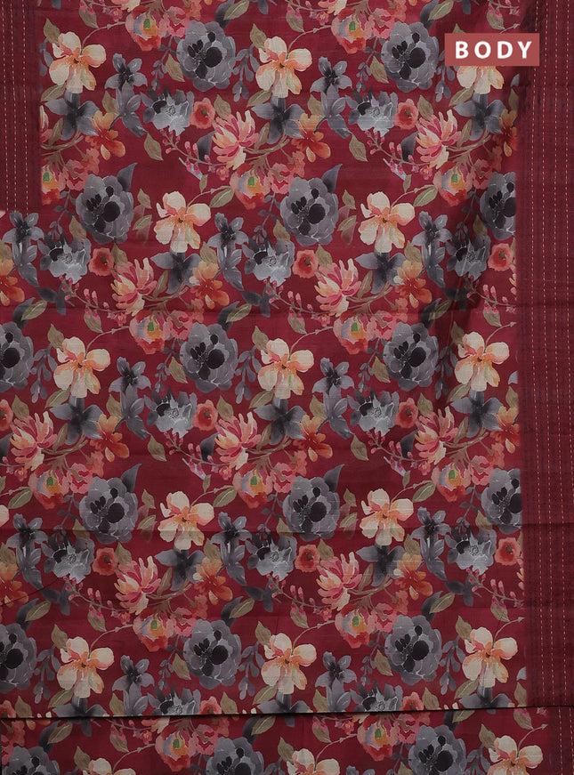 Semi tussar saree maroon with floral prints and kantha stitch work border