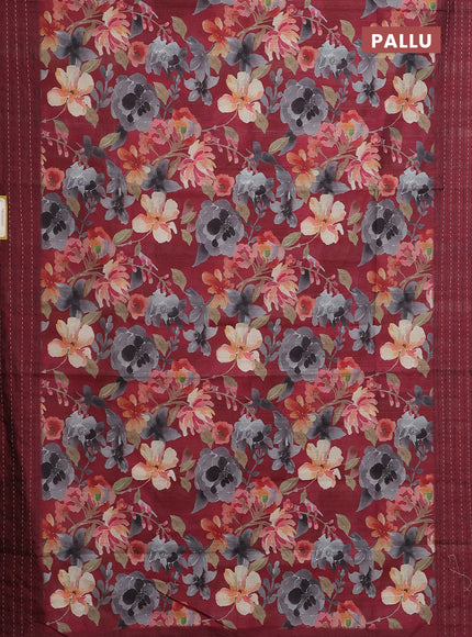 Semi tussar saree maroon with floral prints and kantha stitch work border