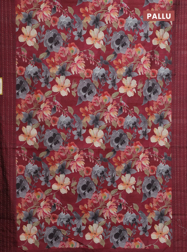 Semi tussar saree maroon with floral prints and kantha stitch work border