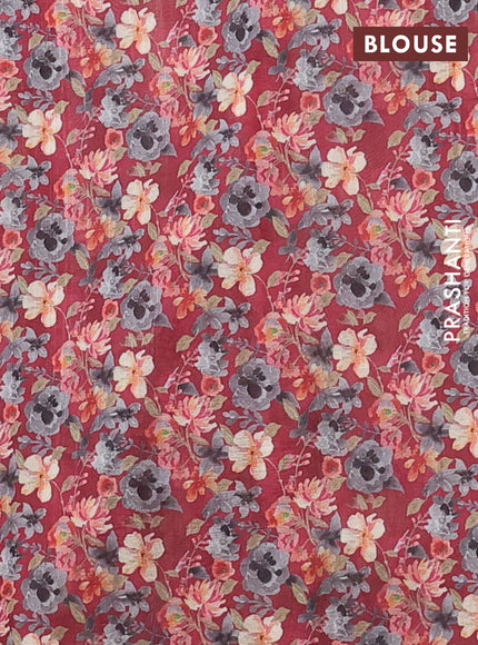Semi tussar saree maroon with floral prints and kantha stitch work border