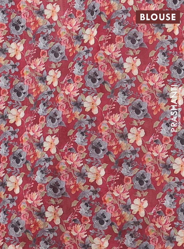 Semi tussar saree maroon with floral prints and kantha stitch work border