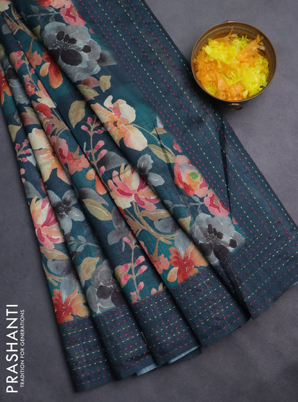 Semi tussar saree peacock green with floral prints and kantha stitch work border